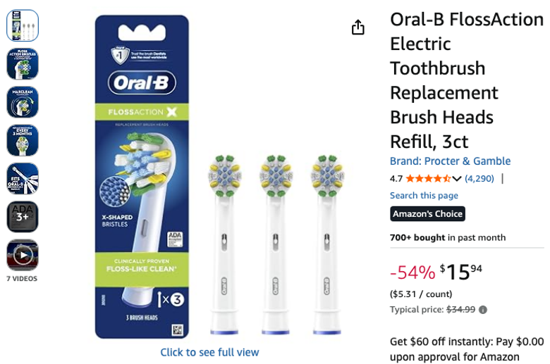 Oral-B FlossAction Replacement Brush Heads, 3ct
