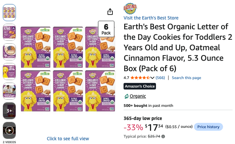 Earth's Best Organic Letter of the Day Cookies, Oatmeal Cinnamon, 6-Pack