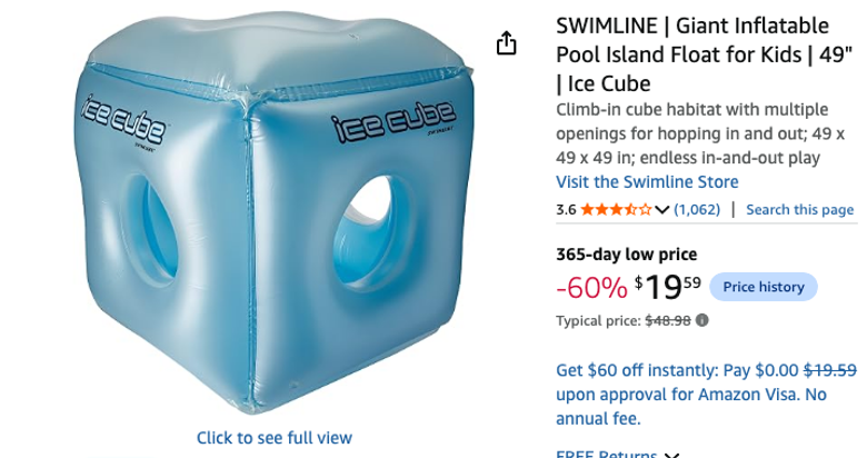 Swimline Giant Inflatable Pool Island Float for Kids 49" Ice Cube