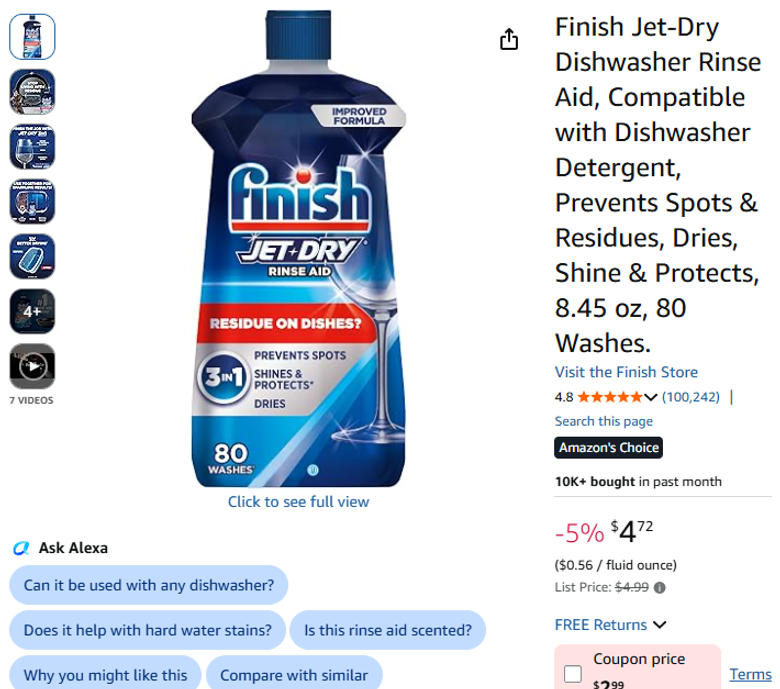 Finish Jet-Dry Dishwasher Rinse Aid, 80 Washes