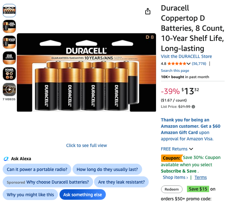 Duracell Coppertop D Batteries, 8 Count