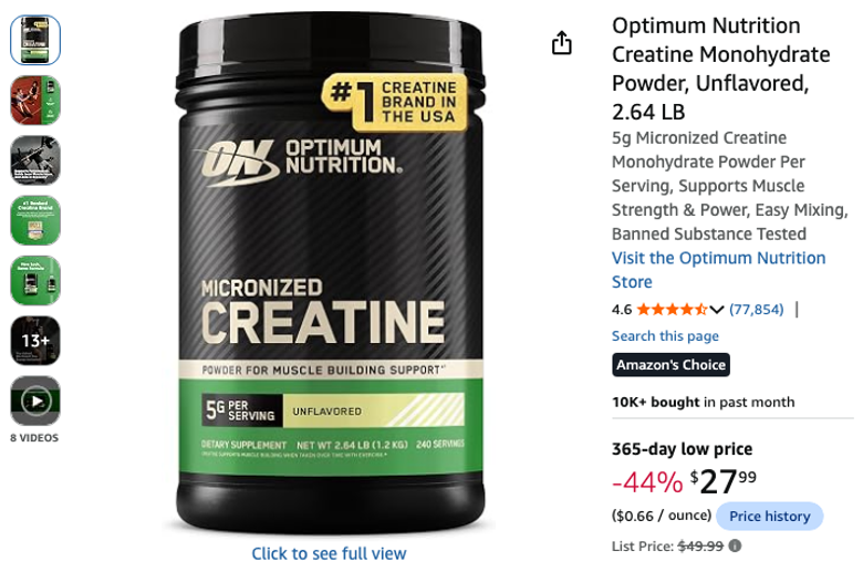 Optimum Nutrition Creatine Monohydrate Powder, Unflavored, 2.64 LB