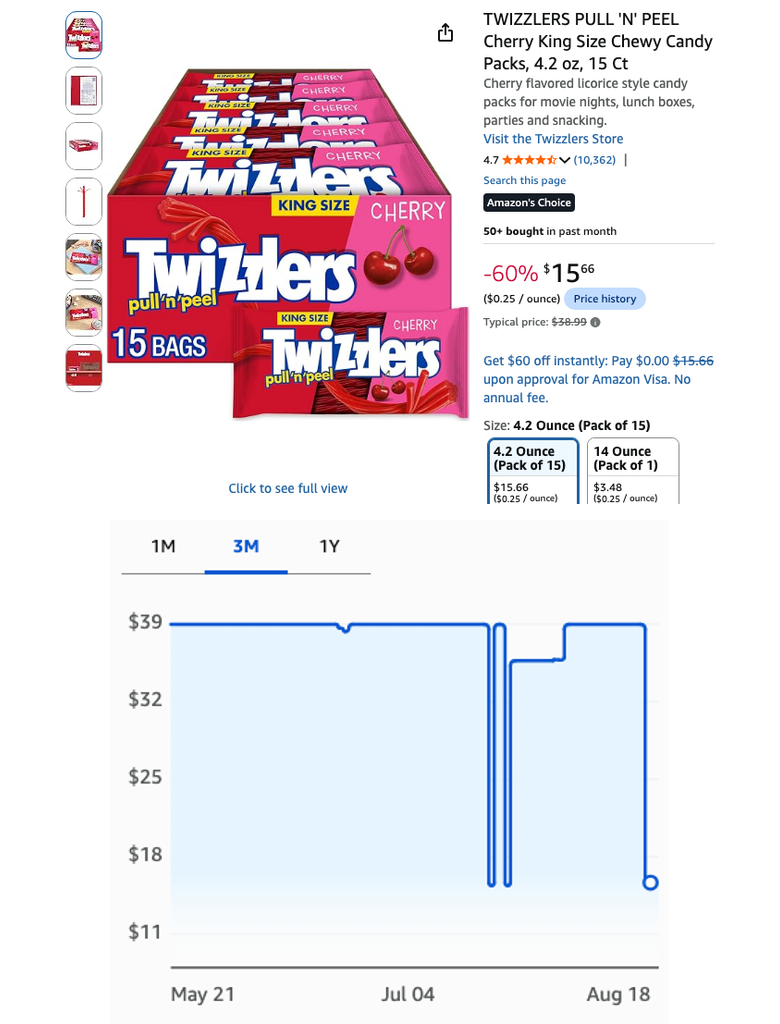 TWIZZLERS Pull ’n’ Peel Cherry King Size 15-Pack
