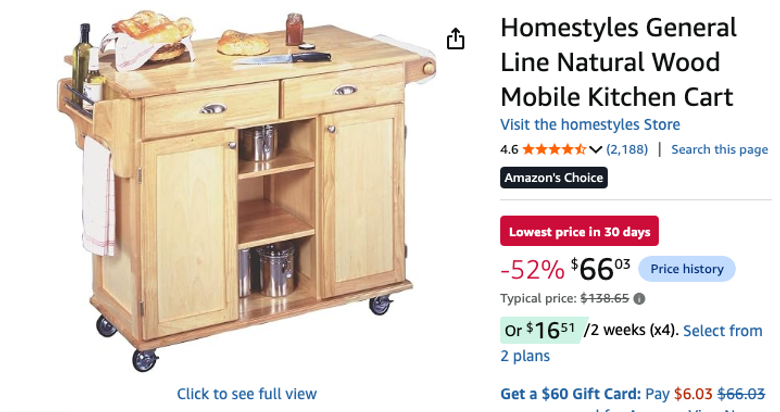 Homestyles Natural Wood Mobile Kitchen Cart