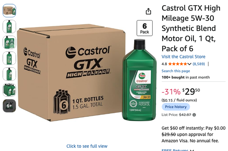 Castrol GTX High Mileage 5W-30 Motor Oil, 6-Pack