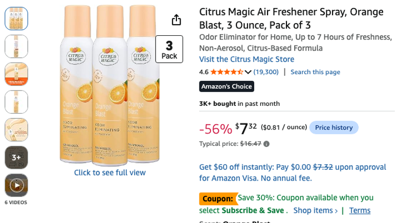 Citrus Magic Air Freshener Spray, Orange Blast, Pack of 3