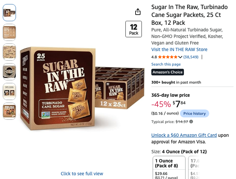 Sugar In The Raw Turbinado Cane Sugar Packets, 25 Ct Box, 12 Pack