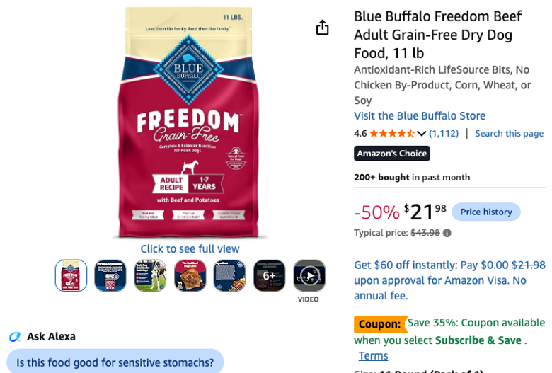 Blue Buffalo Freedom Beef Adult Grain-Free Dry Dog Food, 11 lb