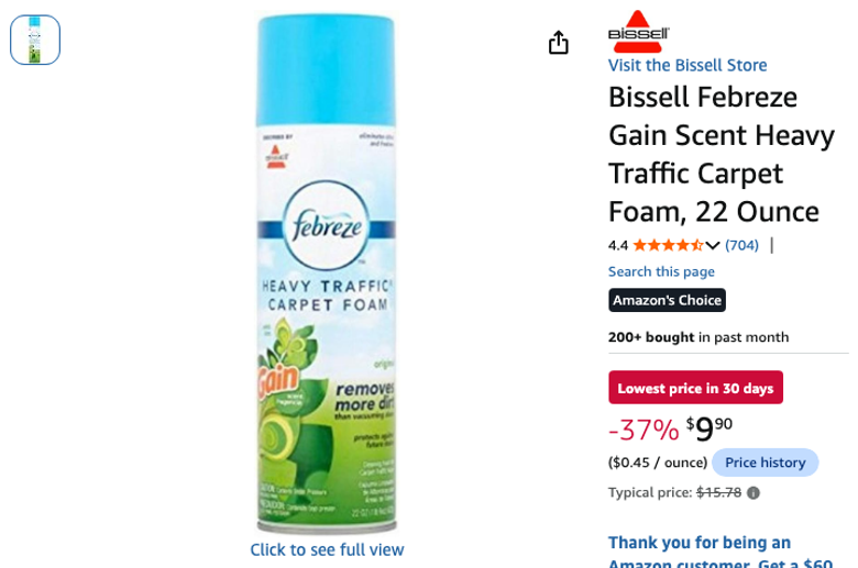 Bissell Febreze Gain Scent Heavy Traffic Carpet Foam, 22 oz
