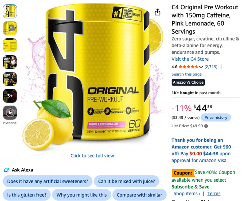C4 Original Pre-Workout Pink Lemonade, 60 Servings