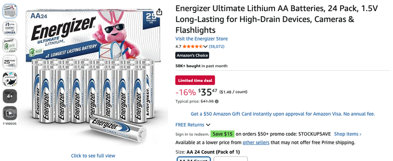 Energizer Ultimate Lithium AA Batteries 24-Pack