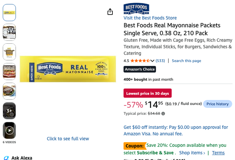 Best Foods Real Mayonnaise Packets, 210 Count
