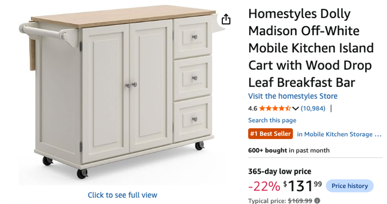 Homestyles Dolly Madison Mobile Kitchen Island Cart