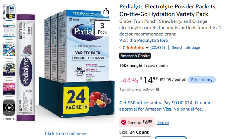 Pedialyte Electrolyte Powder Packets Variety Pack, 24 Count