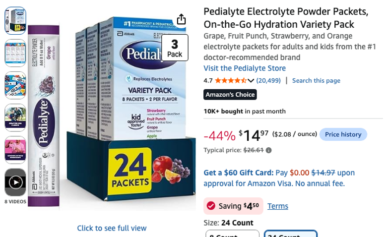 Pedialyte Electrolyte Powder Packets Variety Pack