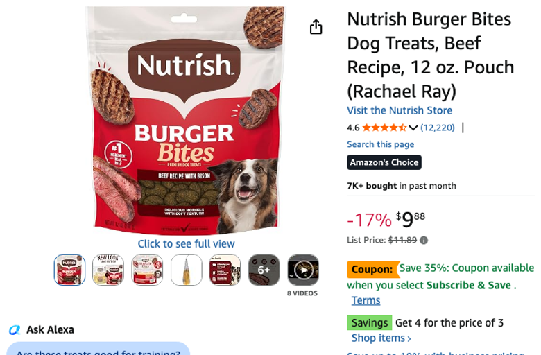 Nutrish Burger Bites Dog Treats, Beef Recipe, 12 oz. Pouch