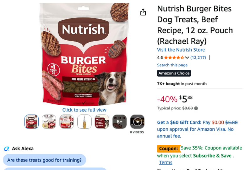 Nutrish Burger Bites Dog Treats, Beef Recipe, 12 oz. Pouch