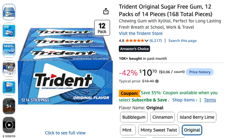 Trident Original Sugar Free Gum, 12-Pack