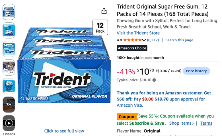 Trident Original Sugar Free Gum, 12-Pack