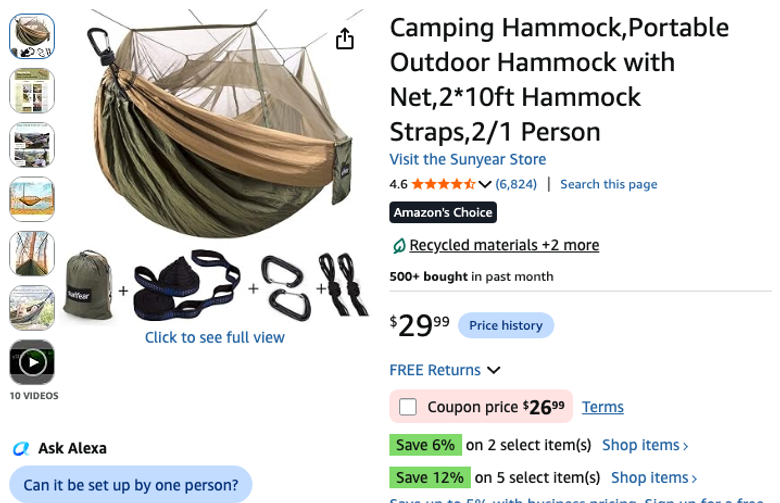 Camping Hammock with Mosquito Net and Straps