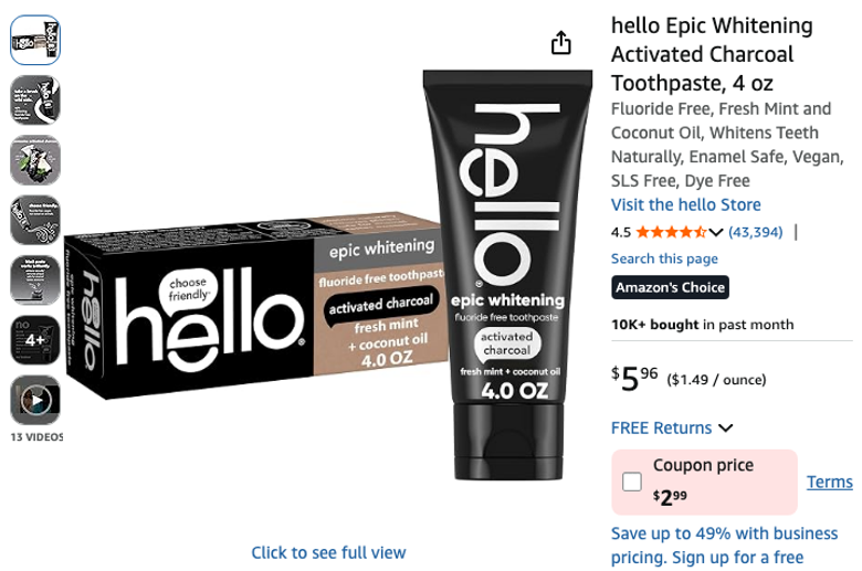 hello Epic Whitening Activated Charcoal Toothpaste, 4 oz
