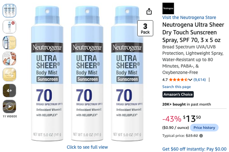 Neutrogena Ultra Sheer Dry Touch Sunscreen Spray SPF 70 3-Pack