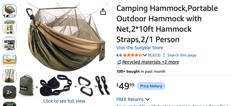 Sunyear Camping Hammock with Net and Straps