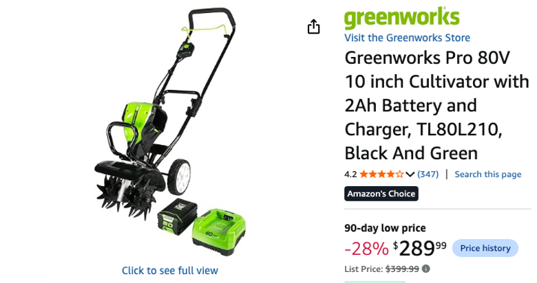 Greenworks Pro 80V 10 inch Cultivator with Battery and Charger