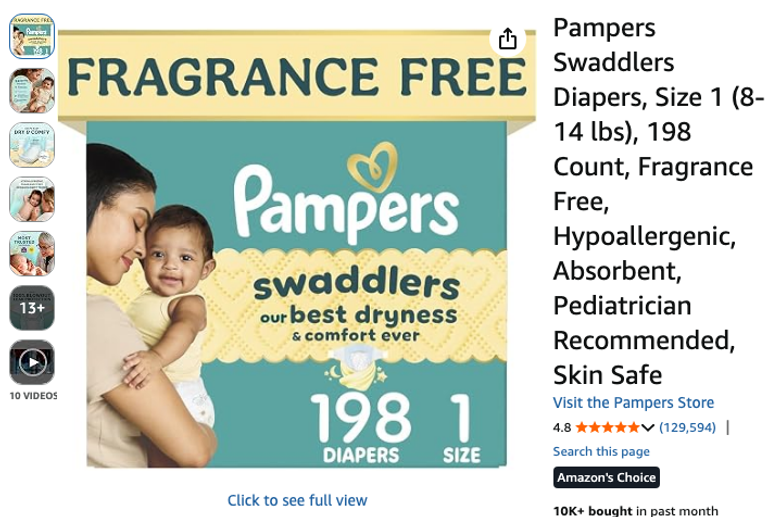 Pampers Swaddlers Diapers, Size 1, 198 Count