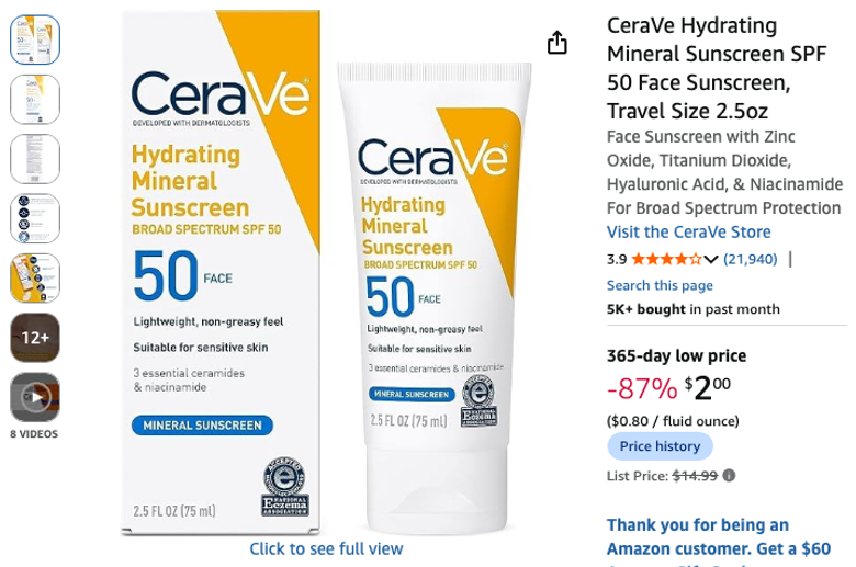 CeraVe Hydrating Mineral Sunscreen SPF 50 Face Sunscreen, Travel Size 2.5oz
