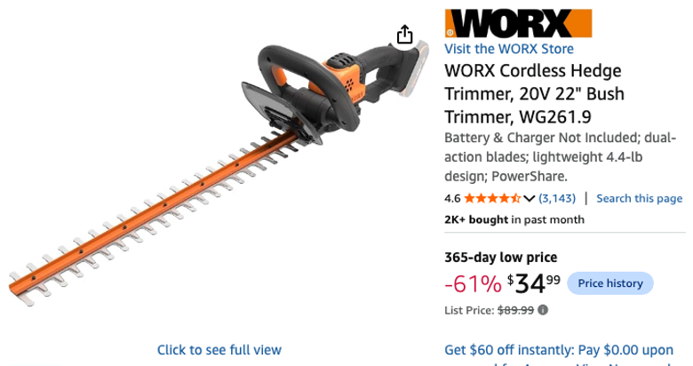 WORX Cordless Hedge Trimmer 20V 22"