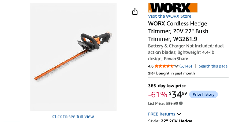 WORX Cordless Hedge Trimmer 20V 22"