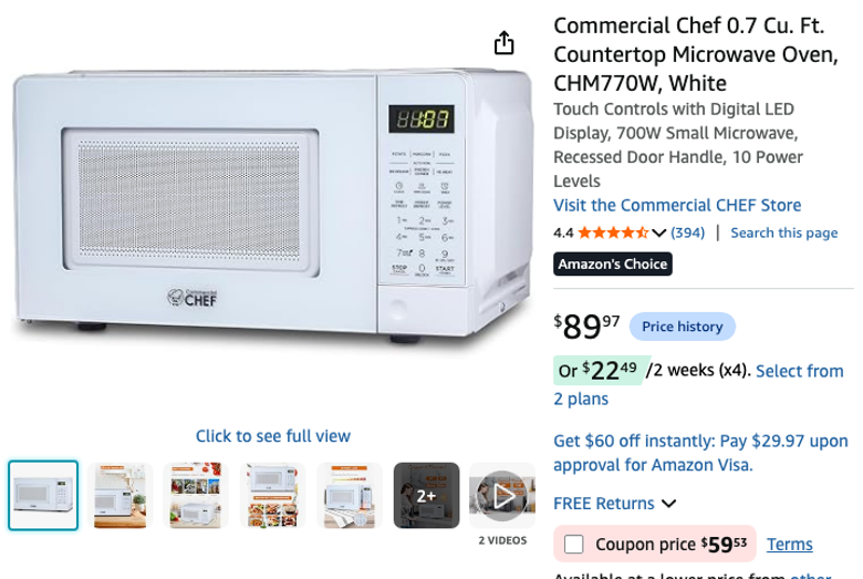 Commercial Chef Countertop Microwave Oven