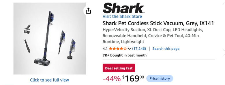 Shark Pet Cordless Stick Vacuum, Grey, IX141