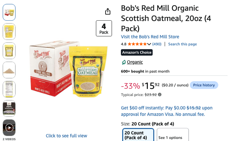 Bob's Red Mill Organic Scottish Oatmeal 20oz 4-Pack