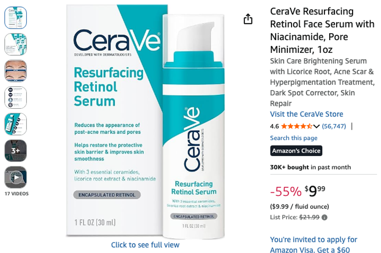 CeraVe Resurfacing Retinol Face Serum with Niacinamide, 1 oz