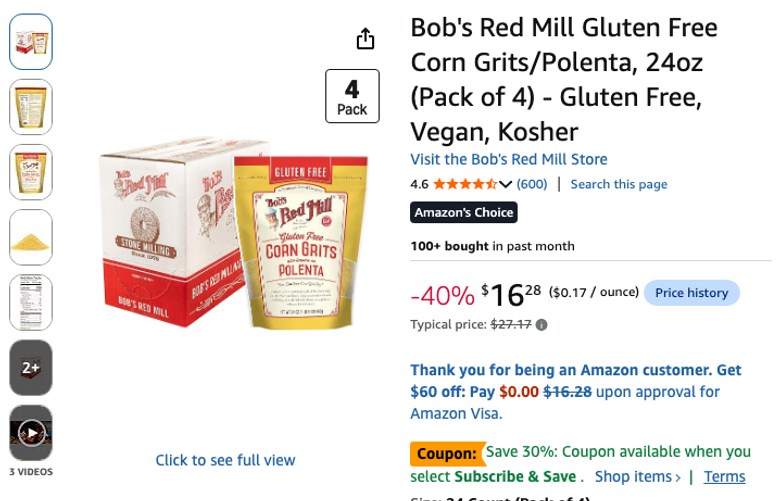 Bob's Red Mill Gluten Free Corn Grits/Polenta 4-Pack
