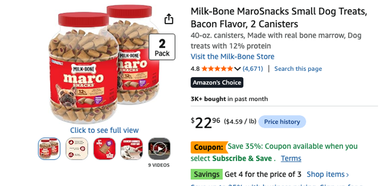 Milk-Bone MaroSnacks Small Dog Treats, Bacon Flavor, 2 Canisters