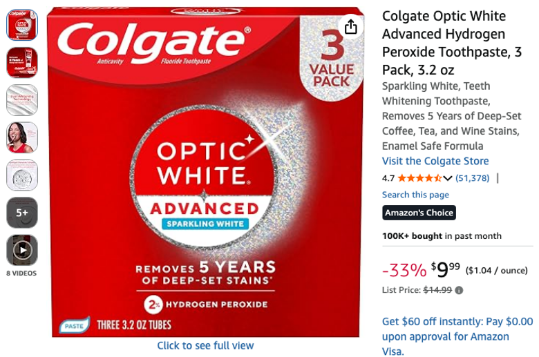 Colgate Optic White Advanced Hydrogen Peroxide Toothpaste, 3-Pack