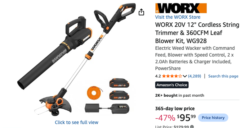 WORX 20V Cordless String Trimmer & Leaf Blower Kit