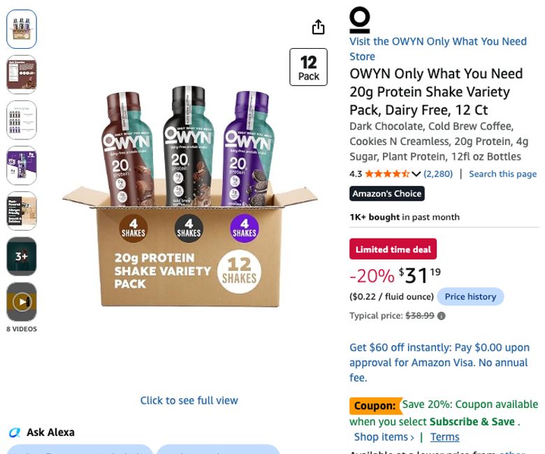 OWYN Only What You Need 20g Protein Shake Variety Pack, 12 Ct