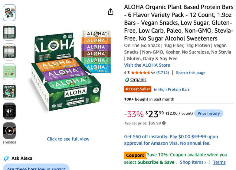 ALOHA Organic Plant Based Protein Bars Variety Pack, 12 Count