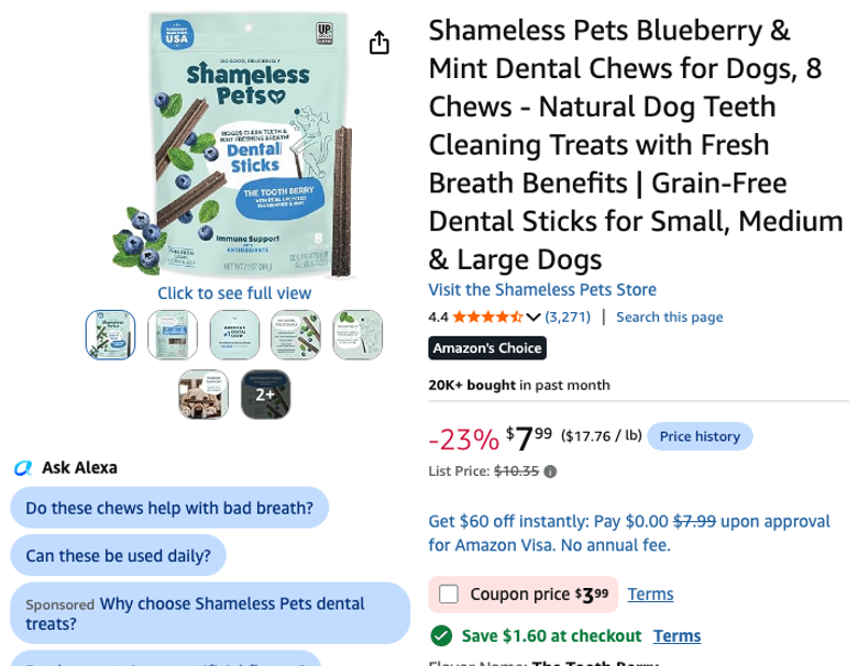 Shameless Pets Blueberry & Mint Dental Chews for Dogs