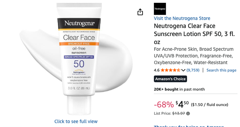 Neutrogena Clear Face Sunscreen Lotion SPF 50, 3 fl. oz
