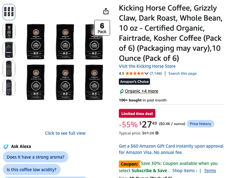 Kicking Horse Grizzly Claw Dark Roast Coffee, 6-Pack