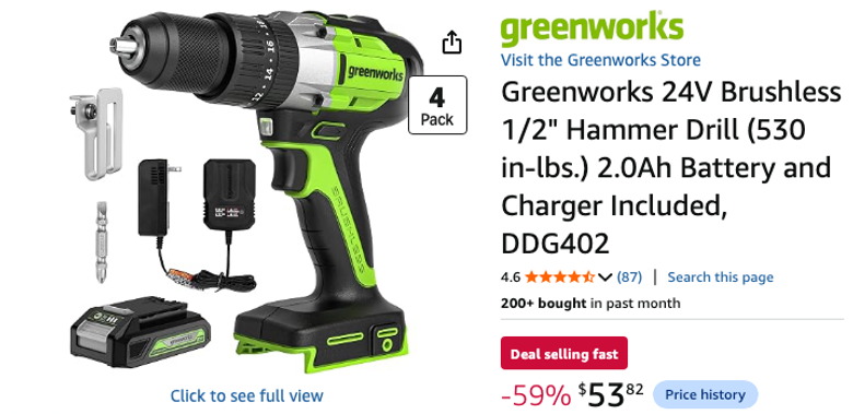 Greenworks 24V Brushless 1/2" Hammer Drill Kit
