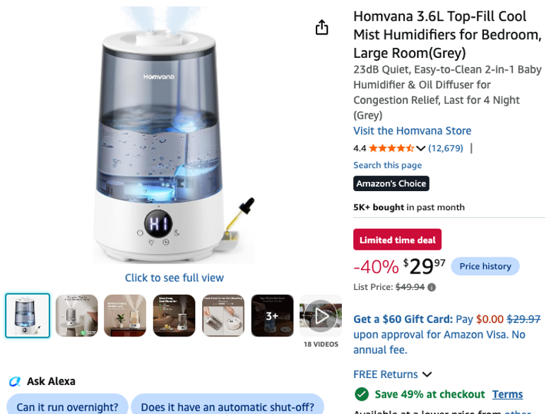 Homvana 3.6L Top-Fill Cool Mist Humidifier