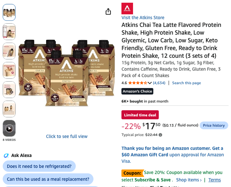 Atkins Chai Tea Latte Protein Shakes 12 Count