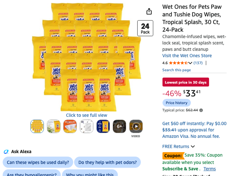 Wet Ones for Pets Paw and Tushie Dog Wipes 24-Pack