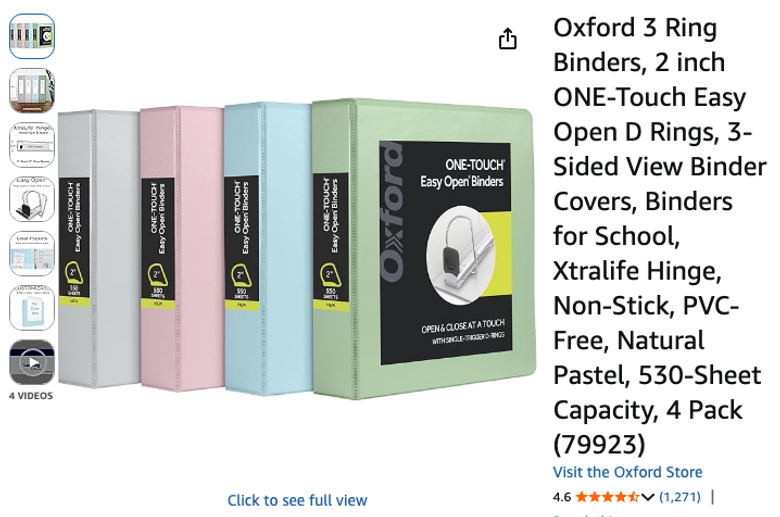 Oxford 2 Inch 3 Ring Binders, 4-Pack